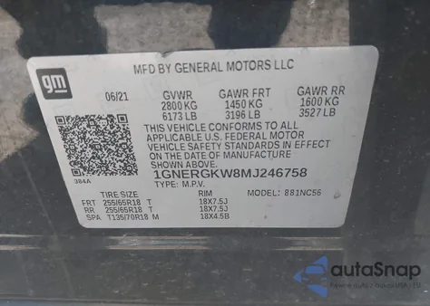 2021 Chevrolet Traverse Fwd Lt Cloth z USA, uszkodzony, nr VIN 1GNERGKW8MJ246758